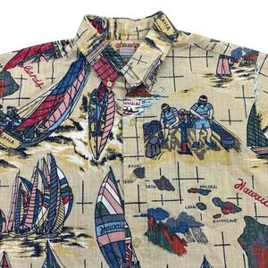 Reyn Spooner Shirt Mens L Beige Short Sleeve Button Up Hawaiian Islands Print